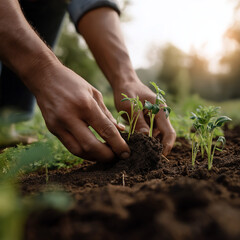 Hands Planting Young Seedlings in Fertile Soil at Sunrise – AI Generated
