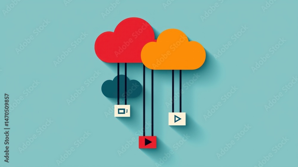 Poster colorful cloud icons connected with abstract data transfer