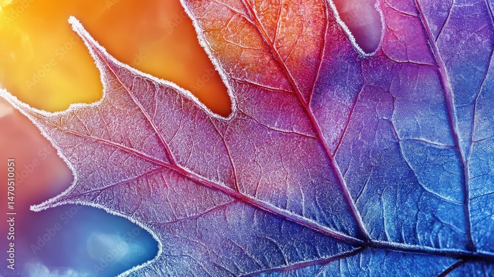 Poster vibrant autumn leaf with frosted details in a bokeh background.