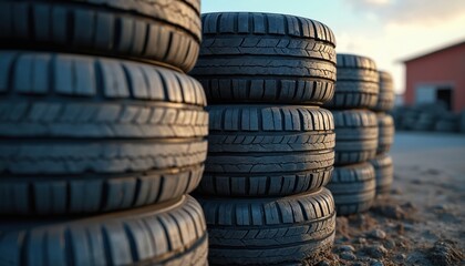 Obraz premium Stacked used tires at recycling facility against blue sky. Waste disposal, automotive industry, environmental protection concept. Black rubber wheels ready for recycling. Tire disposal.
