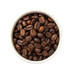 Fototapeta premium roasted coffee beans, cup top down view, png transparent background