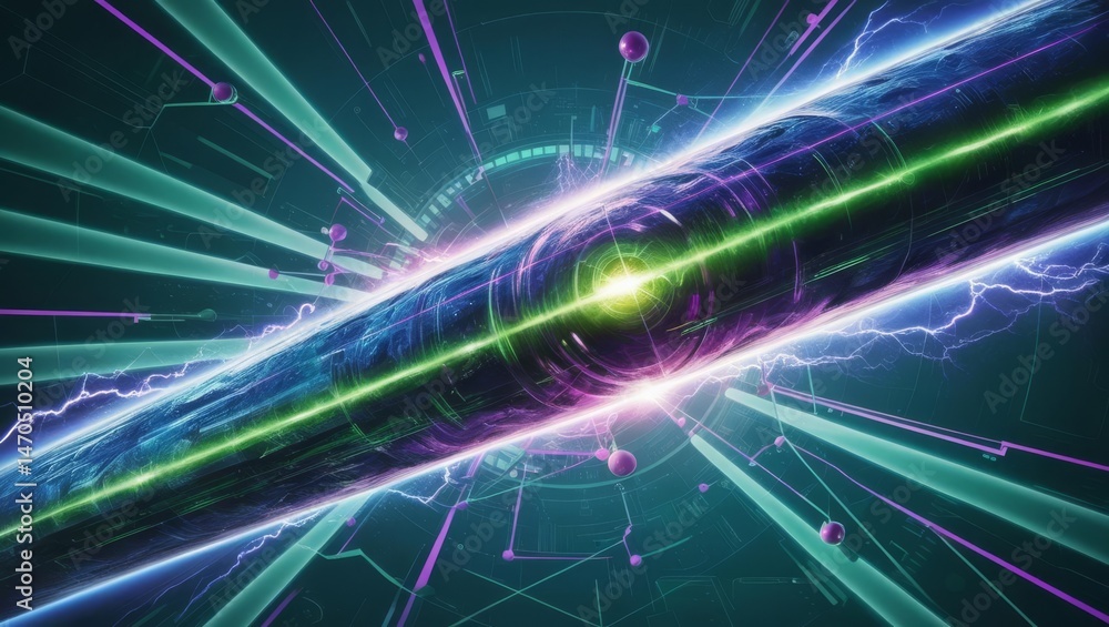 Poster energy beam convergence - abstract of two vibrant energy beams converging, creating a bright central