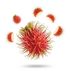 A single red rambutan fruit with a stem and green-tipped spines appears to be falling.