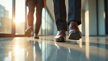Fototapeta premium Person walks in sunny office hallway, wearing elegant formal leather shoes. Represents success, business, career progress. Journey to work, business trip, office commute. Light, shadow create