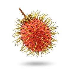 Obraz premium A single red rambutan fruit with a stem and green-tipped spines appears to be falling.