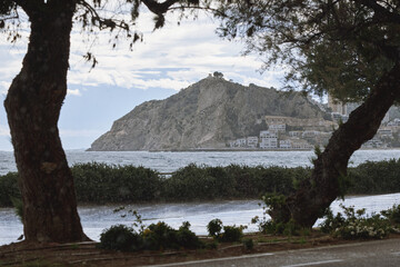 Coastal landscape with rocky cliff, trees, and scenic ocean view under overcast sky