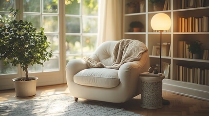 Cozy reading corner with plush armchair and soft lighting high resolution photo