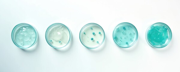 Petri dishes with gel, serum samples arranged in a row. Transparent smears are ready for lab research. Research and medical backgrounds. Biology, biochemistry, medical, microbiology, science.