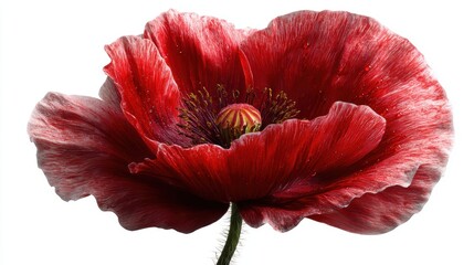 A single red poppy flower, isolated on a white background