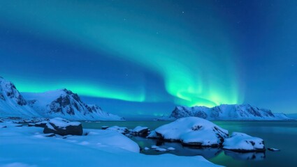 Naklejka premium Aurora Borealis over Snowy Arctic Mountains and Frozen Shore