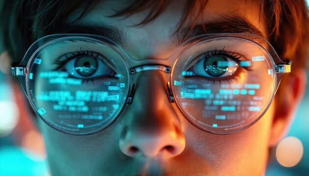 Close-up portrait tech innovator wearing glasses, digital interface reflects. Cybernetic vision, futuristic look. Human face, blue eyes. Artificial intelligence, data streams, science fiction