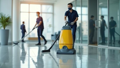 Pro cleaners vacuum spacious modern office building. Janitorial service staff wear masks during COVID-19. Maintaining cleanliness workplace, ensuring safe environment for employees, customers.