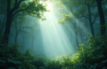 Fototapeta premium Sunlight beams through forest fog, creating mystical atmosphere. Dense green foliage, trees, mystical mist create tranquil landscape. Ideal nature background, peaceful environment, perfect for eco
