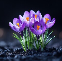 Fototapeta premium Vibrant purple crocuses emerge from dark soil