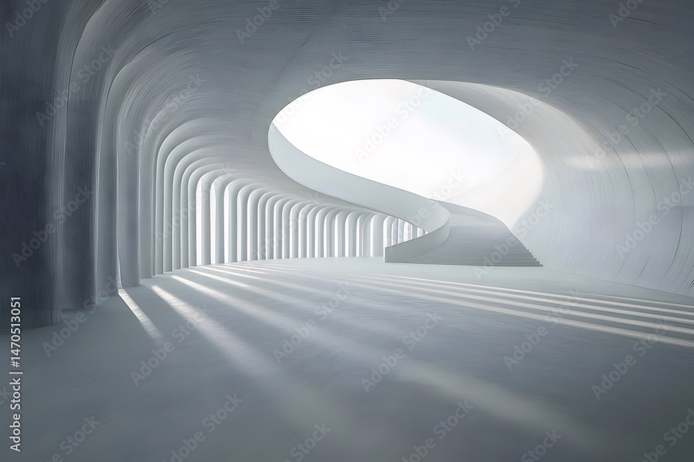 Poster 白の抽象的な建築トンネルのインテリアデザイン 幾何学的形状の光と影 未来的な空間パターン 現代的な廊下の視覚的要素