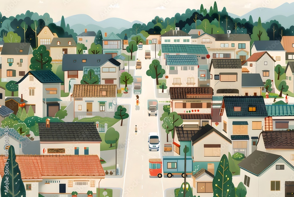 Aufkleber 丘の斜面にある住宅街のパノラマ眺望 青い空と緑の木々 パステルカラーの建築 デザインと静かな雰囲気