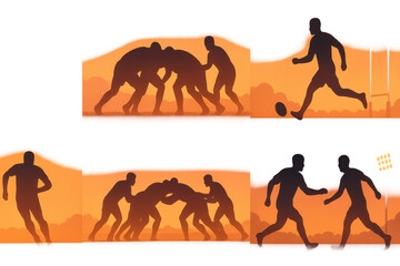 Rugby silhouette icons set &ndash; tackle, scrum, pass, kick, try, sunset, motion. Flat icon set