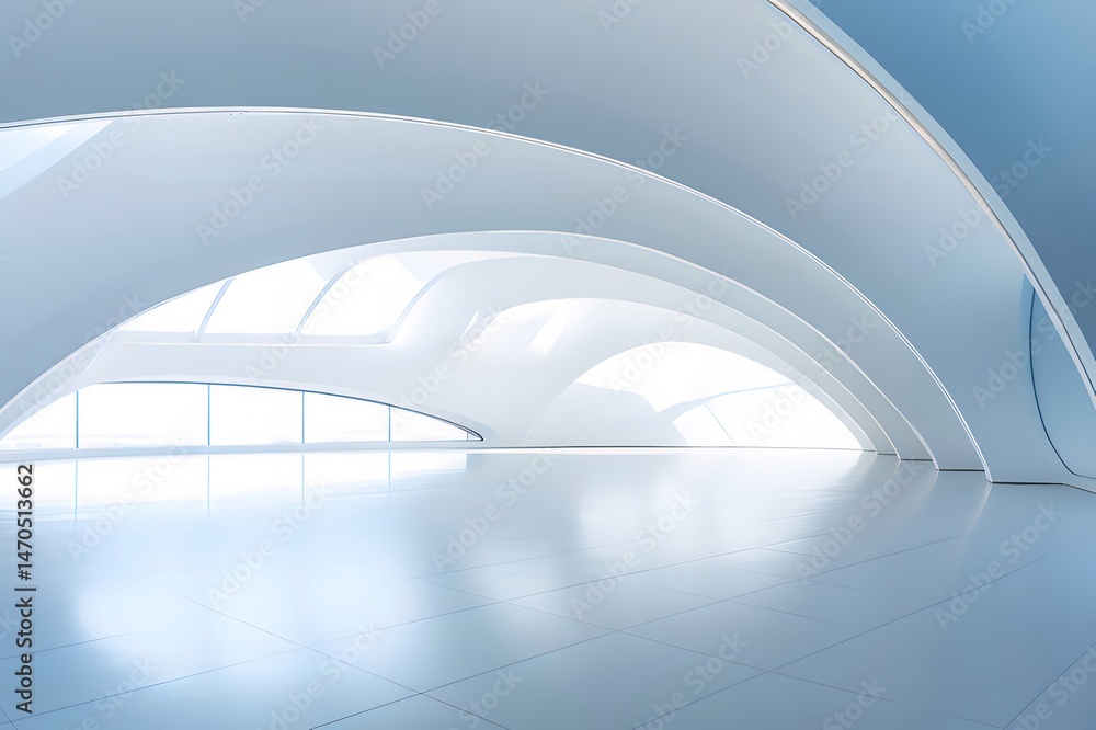Poster 抽象的な白い幾何学的建築インテリアの現代的なデザインの空間と光のミニマリストの表現