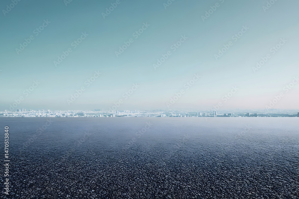 Aufkleber 都市景観のパノラマ風景 水面のリフレクションと広い空の下の都市のスカイライン 海岸線の都市景観の眺め