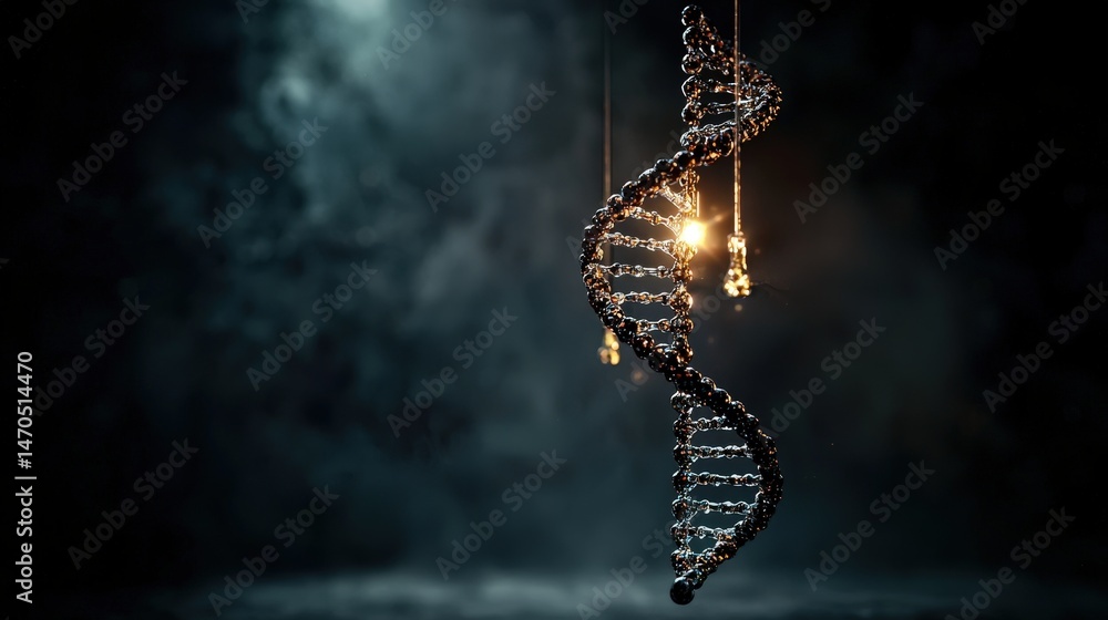 Fototapete Illuminating dna structure laboratory 3d visualization dark environment close-up view genetic engineering concept