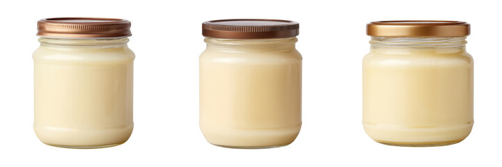 Three Jars of Creamy White Substance in Clear Glass Containers Isolated on a Transparent Background