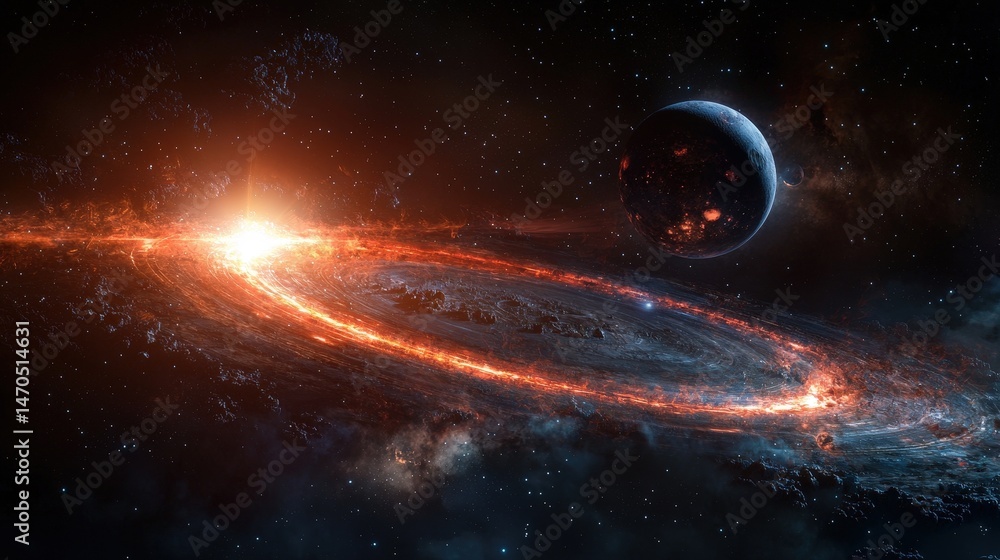Aufkleber cosmic collision event digital art of celestial rings in a sci-fi astrophysics landscape
