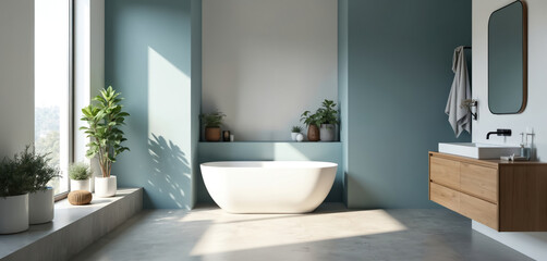 Fototapeta premium Modern minimalist bathroom design features white bathtub wood vanity interior plants. Minimalist modern spa room with blue walls. Sunlight and shadow add aesthetic to interior.