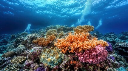 Naklejka premium Exploring vibrant coral reefs underwater paradise nature photography ocean depths serene perspective marine beauty