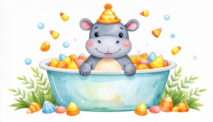 Naklejka premium Happy Hippo Bath Time Fun - A cute hippopotamus enjoys a sweet candy corn bath, symbolizing joy, sweetness, playfulness, celebration, and childhood innocence