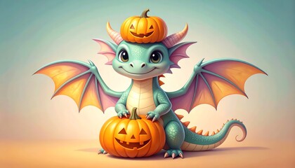 Fototapeta premium Adorable Dragon with Pumpkins - Cute cartoon dragon holding a pumpkin, another pumpkin on its head. Perfect for Halloween