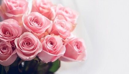 close up of pink roses bouquet on white background soft filter