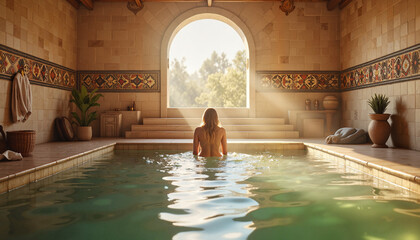 Serene bather enjoying Roman bathhouse with natural light, tranquility