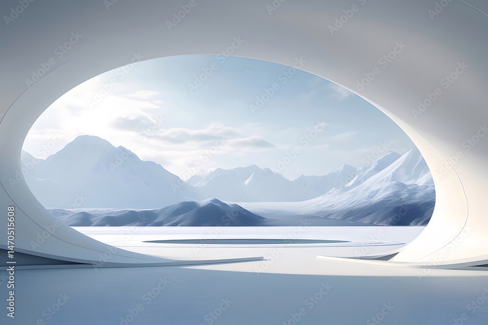 Aufkleber 白いアーチ型の建造物から見える雪山と氷の湖 冬の日の自然の美しさ 穏やかな風景