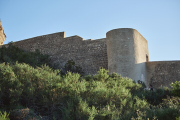 Historic stone fortress with turret against clear sky and greenery