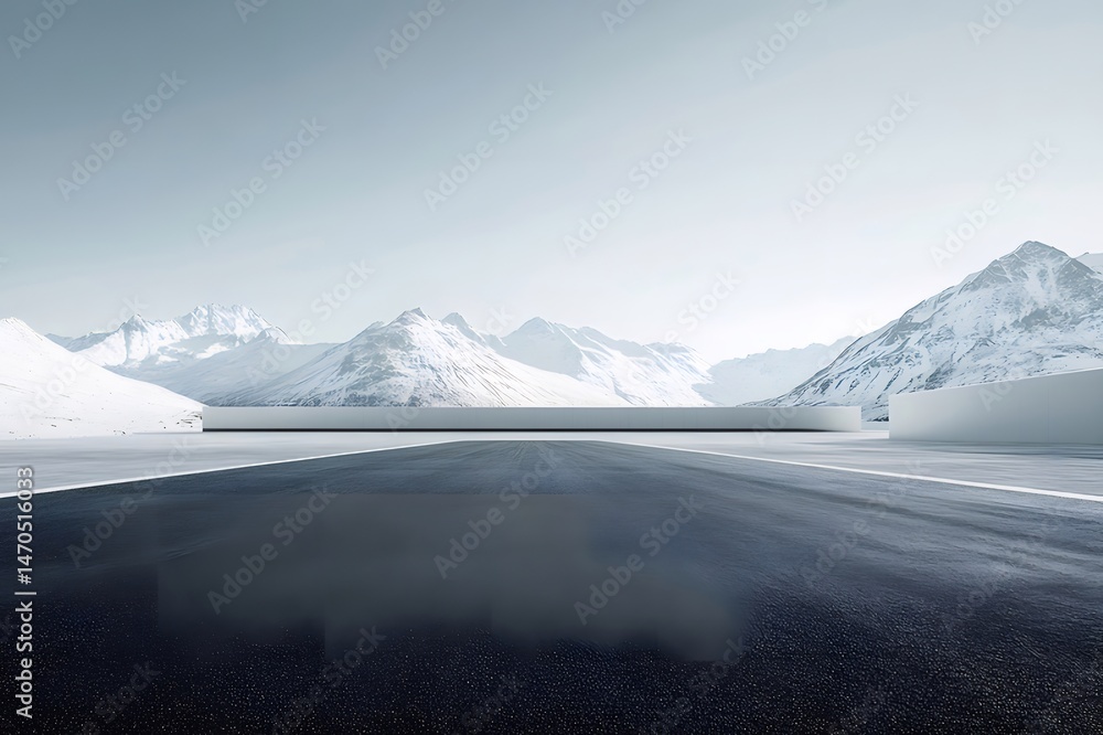 Poster 雪に覆われた山々と暗い道路のある静かな冬の風景 アイスランドの晴れた空の下でのシンプルな山の風景写真