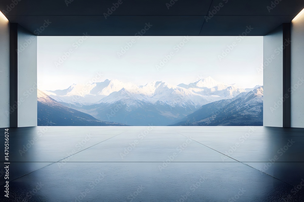 Poster コンクリート構造物の開口部から見える雪をかぶった山々の遠景 ホワイトトーンのインテリアデザインと自然のコントラスト