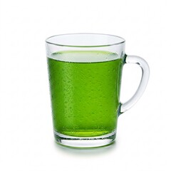 Clear glass mug with a green carbonated drink, isolated on white background.