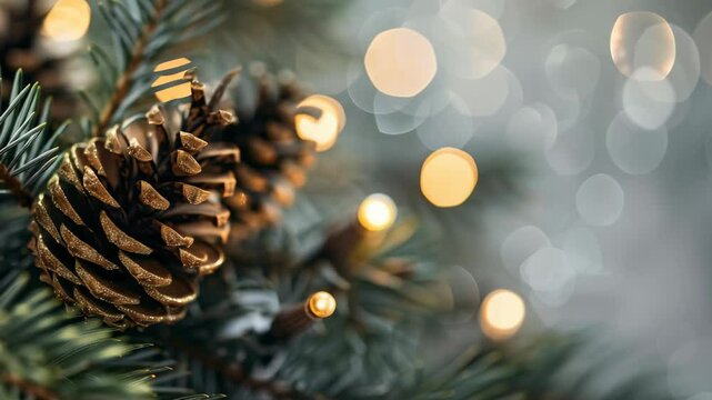 A close-up image of a pinecone amidst pine needles and warm-toned fairy lights creates a festive holiday atmosphere. The lights produce soft, round bokeh effects in the background.