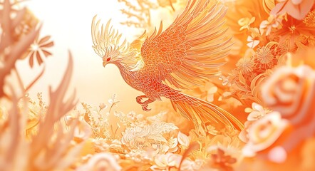 Fototapeta premium A Glimmering Phoenix Rises Amidst a Flourishing Floral Paradise Creating a Breathtaking Scene Of Rebirth