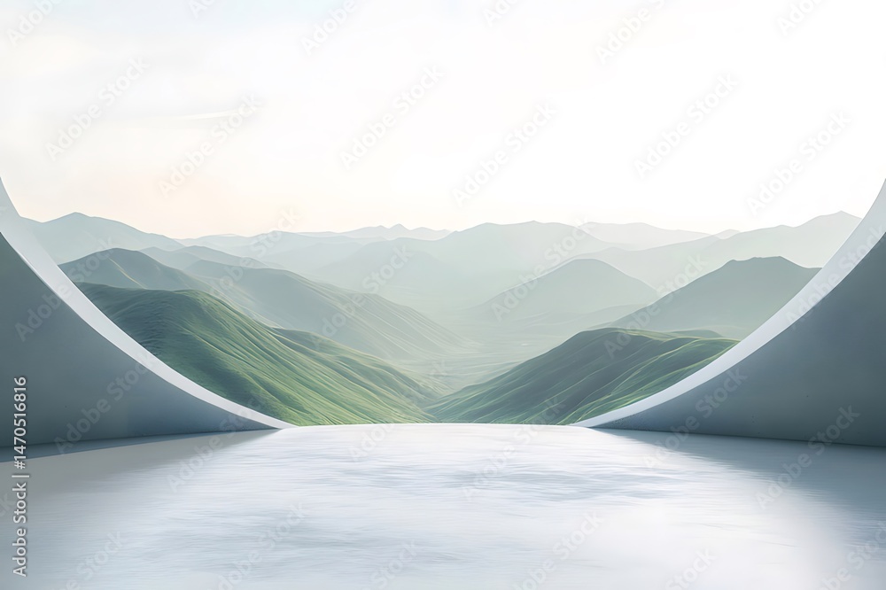 Aufkleber ミニマルな白いテラスと山々のパノラマビューを捉えた抽象的な風景画像