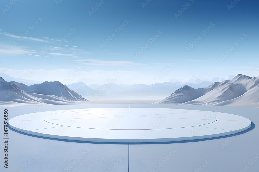 Poster 白い雪の背景に、円形のプラットフォームとぼやけた山々が広がる氷の風景、穏やかな青い空と雲が広がる冬の静かな山の風景