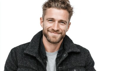 Obraz premium A handsome man wearing a jacket, smiling with charm, isolated on a white background