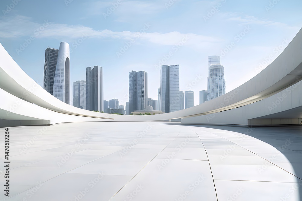 Aufkleber 抽象的な白い建物都市景観スカイラインと青空の未来的な建築デザインのパノラマビュー