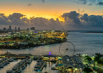 Aerial view on MIami port and observation wheel at dawn, Florida, USA