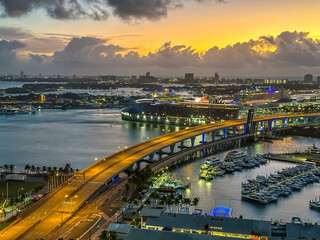 Night aerial view on MIami Port bridge, Miami, Florida, USA