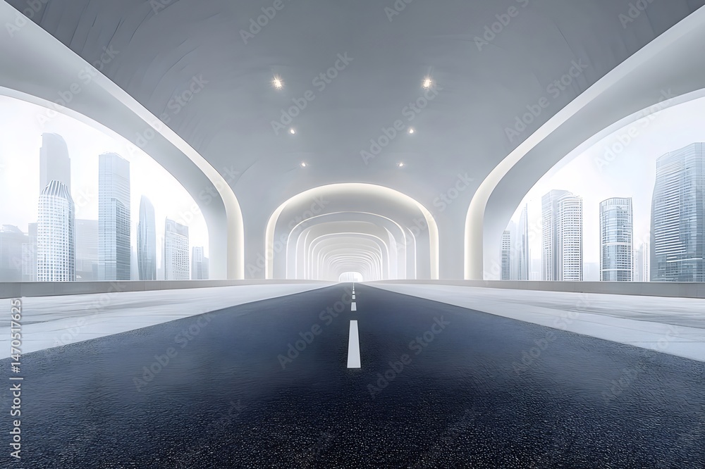 Poster 未来的な都市トンネルの抽象的な風景高速道路の交通と建築デザインを強調した高速道路の現代的な建設インフラストラクチャ