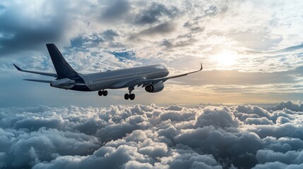 Obraz premium Airplane soaring through clouds at sunset aerial view travel photography serene skies aviation dream