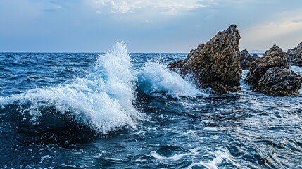 Fototapeta premium Stormy seascape with dark blue waves crashing against rocks coastal environment nature photography serene viewpoint