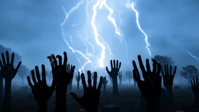 Zombie hands rising from the ground, halloween concept