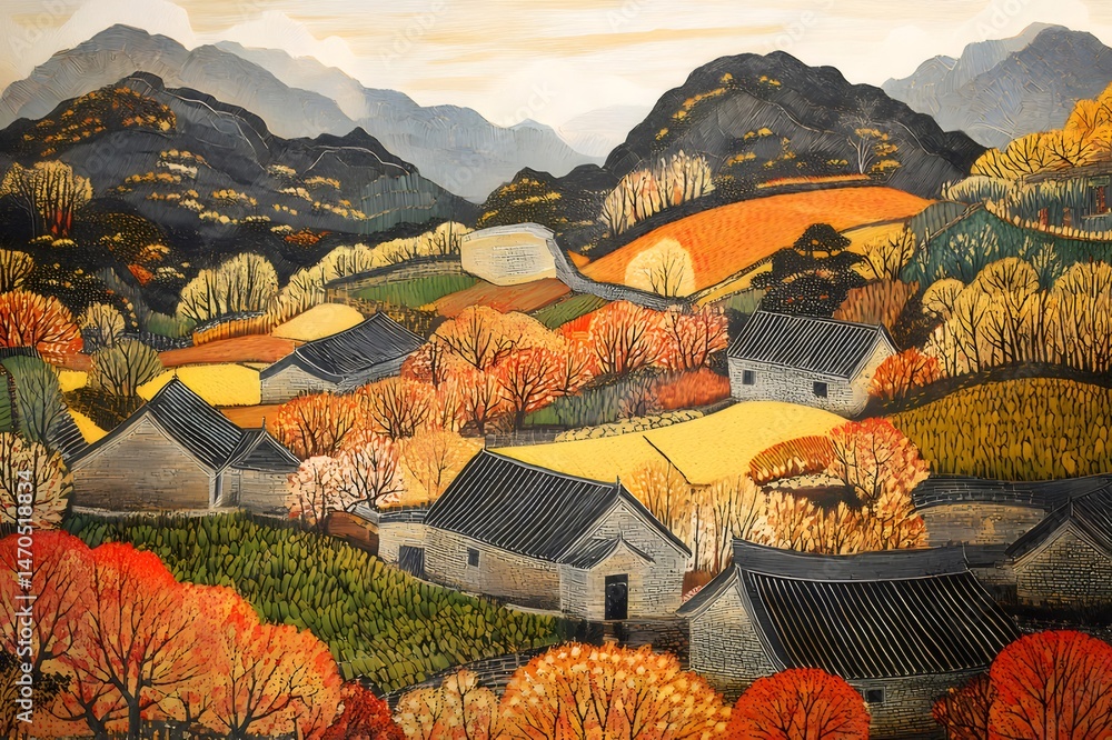 Poster 秋の山の村の風景 家々と木々のカラフルな景観 山岳の背景 静かで平和な雰囲気